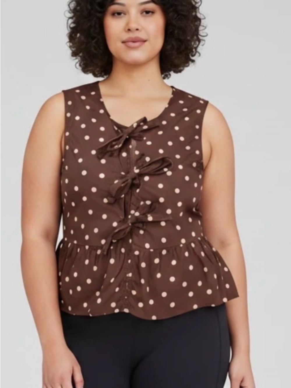 Vigoss Brown Polka Dot Bow-Front Cotton Tank